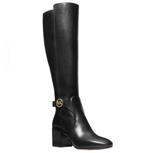 MICHAEL Michael Kors Carmen Leather Riding Boots Gold Logo Black Sz 8.5 NEW NIB